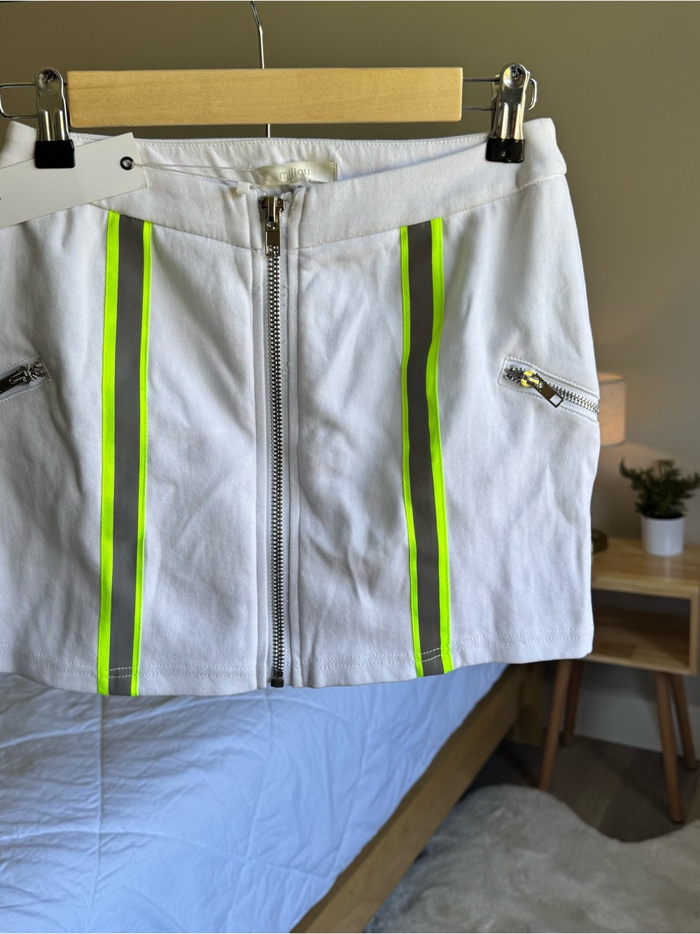 Millau White Mini Skirt with Neon Green Stripe Accents